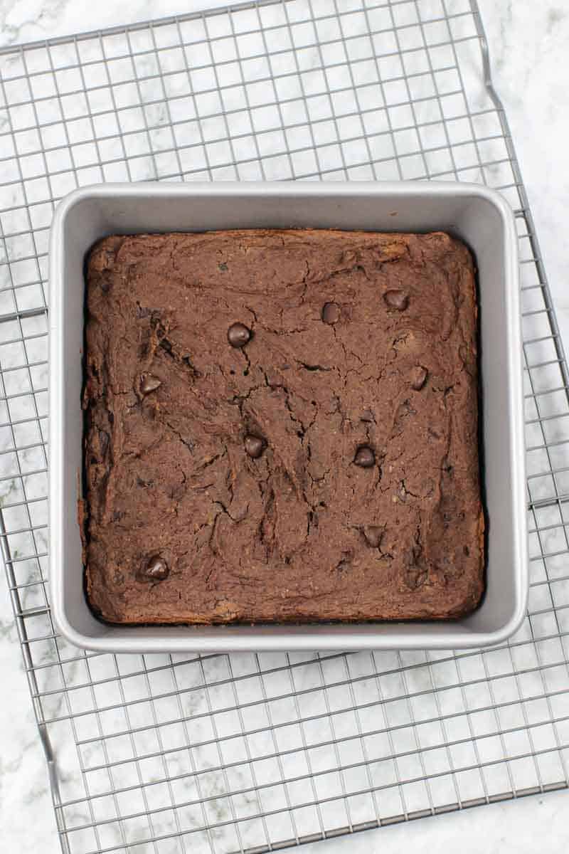 Healthy Brownies in a pan on a cooling rack