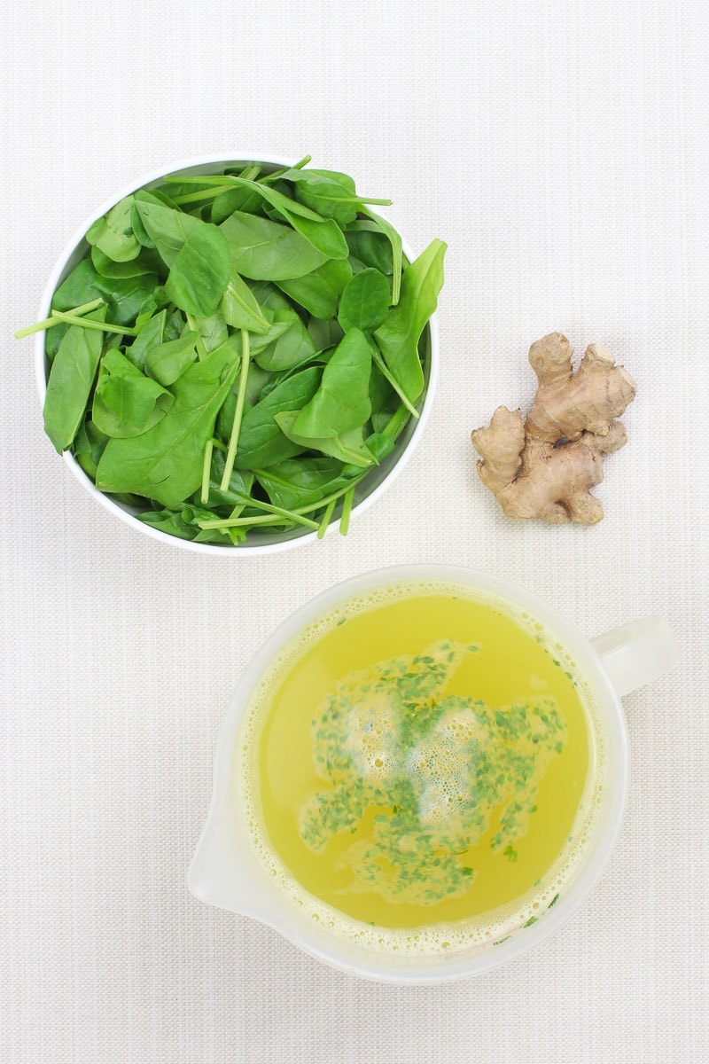 Vegan Spinach Soup ingredients: fresh spinach, ginger, vegetable broth