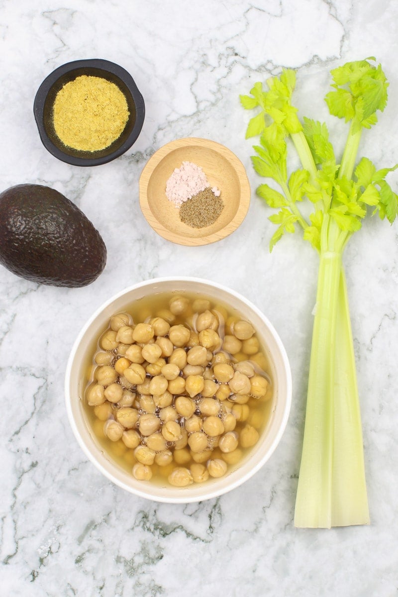 vegan egg salad ingredients on a marble counter