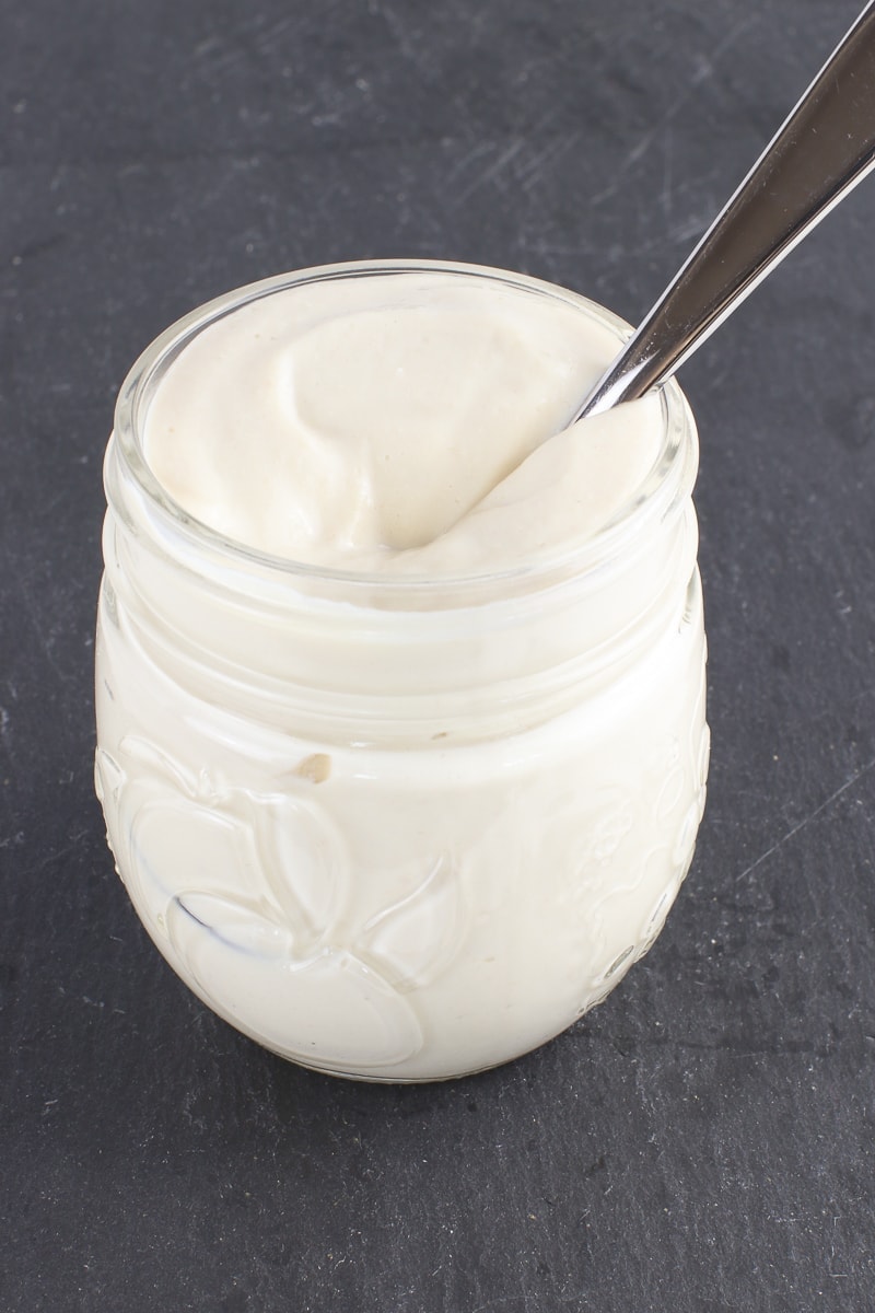 jar of oil free vegan mayo made with silken tofu