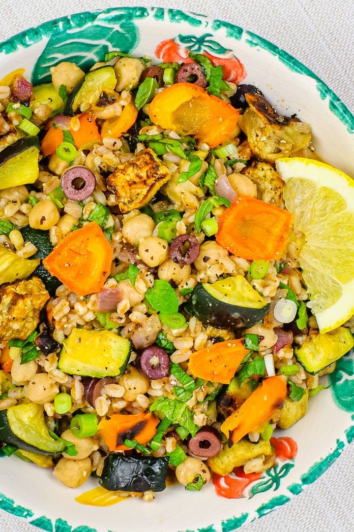 close up of Roast vegetable salad with eggplant, orange peppers zucchini, olives, red onions, sliced green onions, farro, pine nuts, and lemon slice in a leaf patterned bowl. 