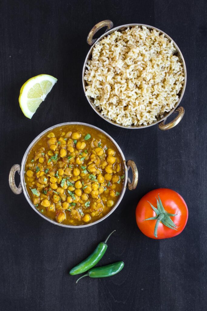 Bowl of chana masala and rice.