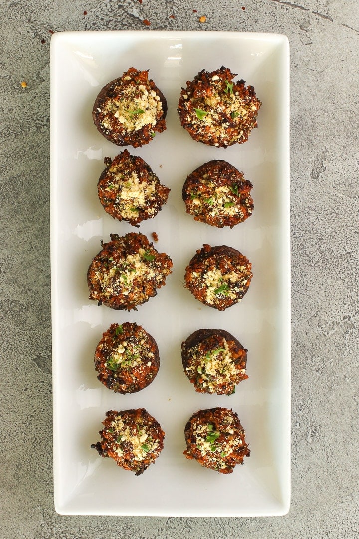 White platter with Italian Stuffed Mushrooms