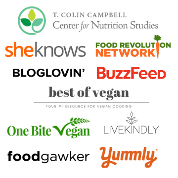 Image of logos: T. colin campbell center for nutrition studies, She knows, buzz feed, bloglovin', food network revolution, best of vegan, one bite vegan, live kindly, food gawker, yummly
