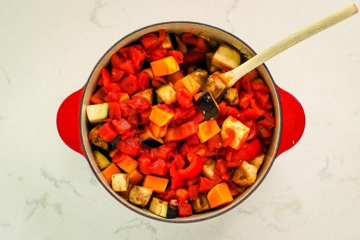 veggies in red pot
