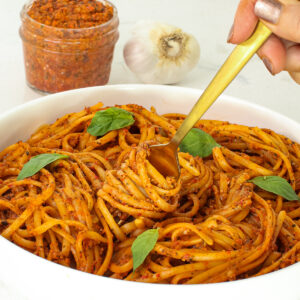 close up of pesto pasta.