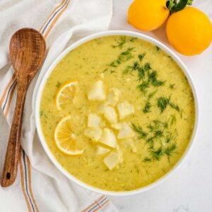 Lemony lentil turnip chowder bowl.